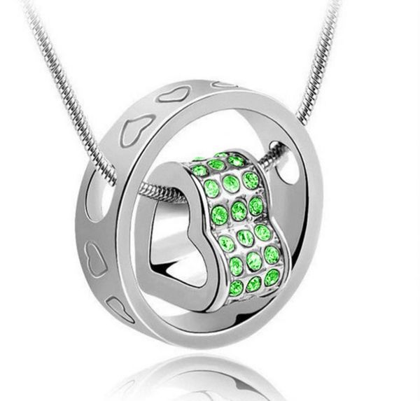 Green Rhinestones Silver Plated Love Heart Necklace