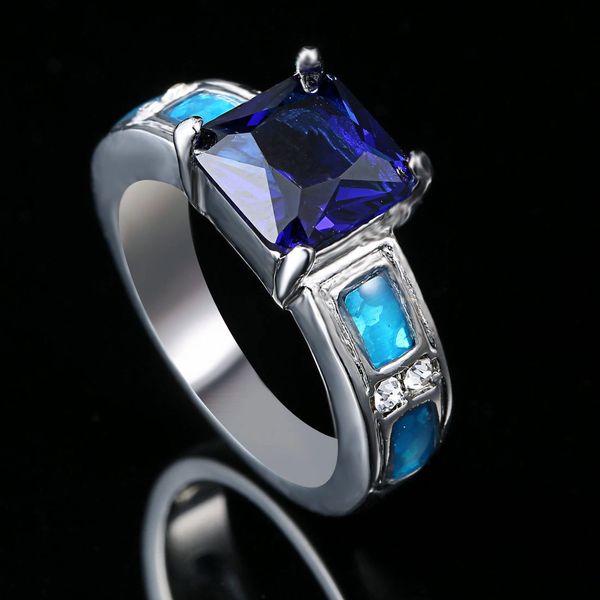 Blue Imitation Fire Opal & Zircon Silver Plated Ring Size 6