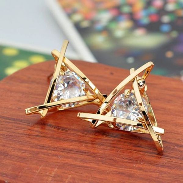 Pair of Golden or Silver Colored Triangle Cubic Zirconia Stud Earrings