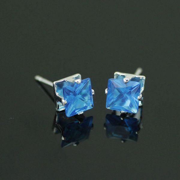 8x8mm Square Bright Blue Crystal Silver Plated Stud Earrings