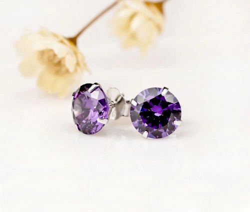 18k White Gold Plated Purple Swarovski 6mm Round Stud Earrings