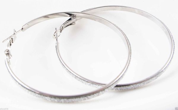Pair of Large (65mm) Glittering Silver Plated Hoop Earrings