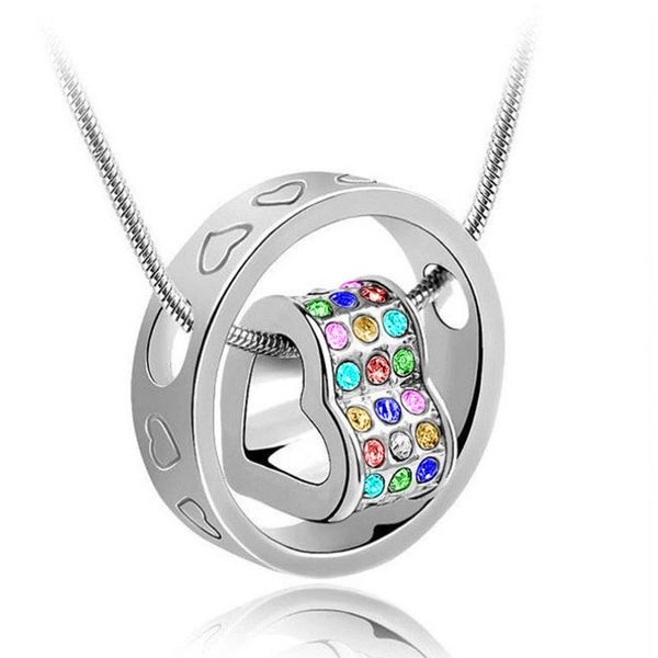 Multi Colored Rhinestones Silver Plated Love Heart Necklace
