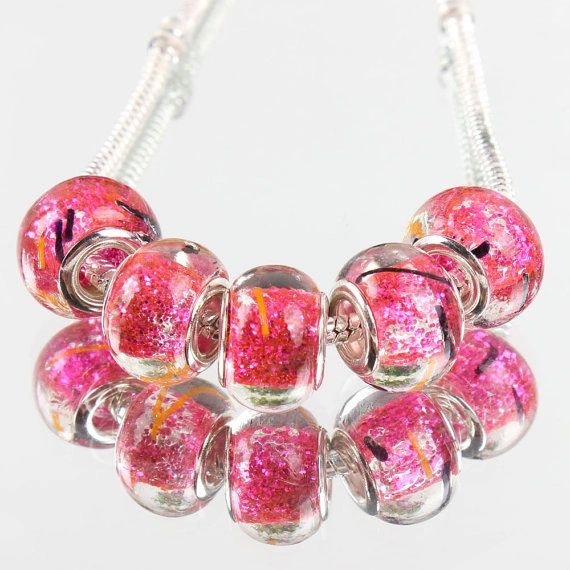 5 Pieces Silver Plated Murano Lampwork Bright Sparkle & Rose Bead Collection