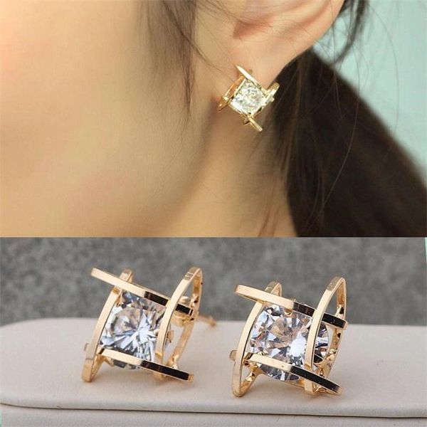 Pair of Gold Colored Square Crystal Stud Earrings