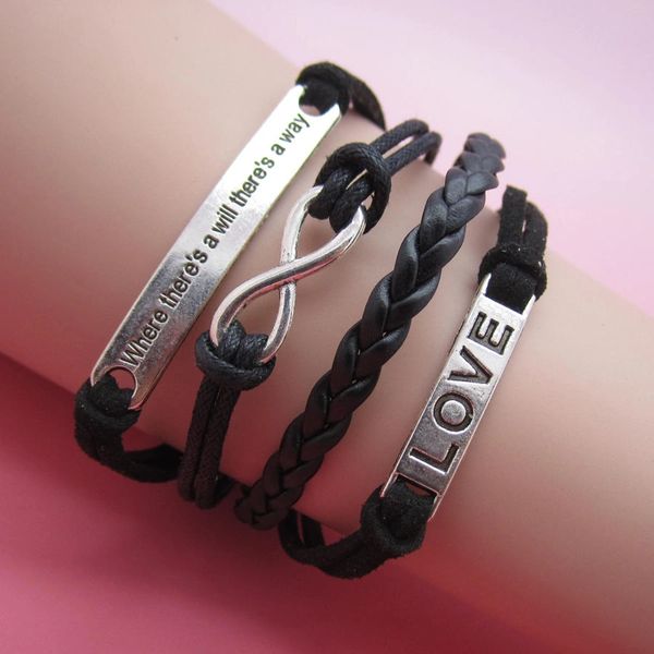Infinity Love Corded & Black Leather Wrap Bracelet