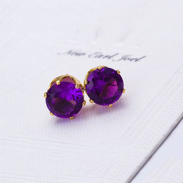 8mm Round Purple CZ Anti-Allergy Golden Alloy Stud Earrings