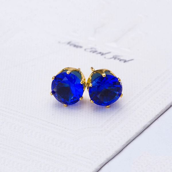 8mm Round Blue CZ Anti-Allergy Golden Alloy Stud Earrings