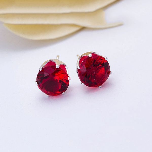 8mm Round Red CZ Anti-Allergy Silver Alloy Stud Earrings