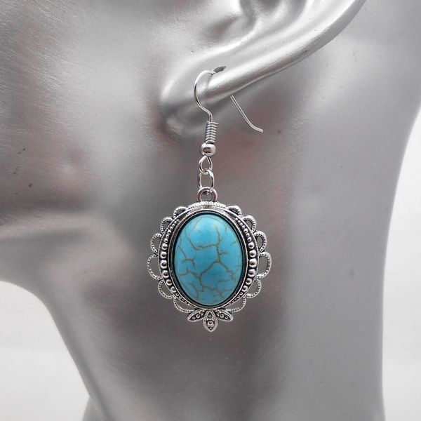 Pair of Elegant Imitation Heart Turquoise Dangle Earrings, Silver Plated