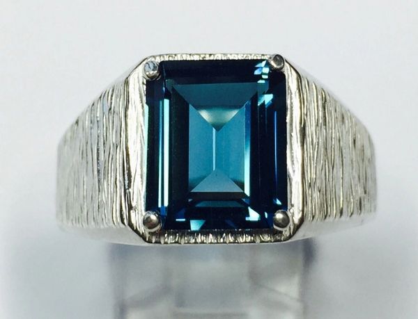 Sterling Silver Mens Genuine Octagon London Blue Topaz Inset Textured Heavy Solitaire Ring