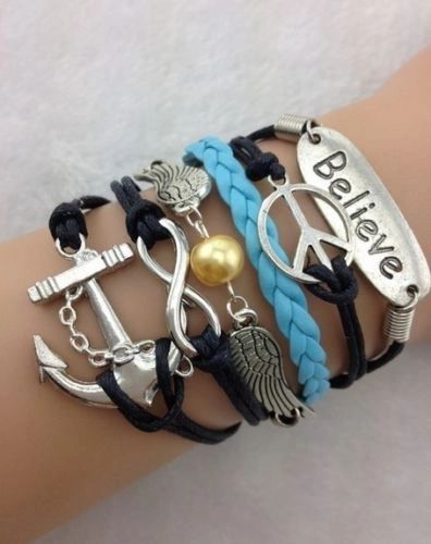 Infinity "Believe" Corded & Black Leather Wrap Bracelet