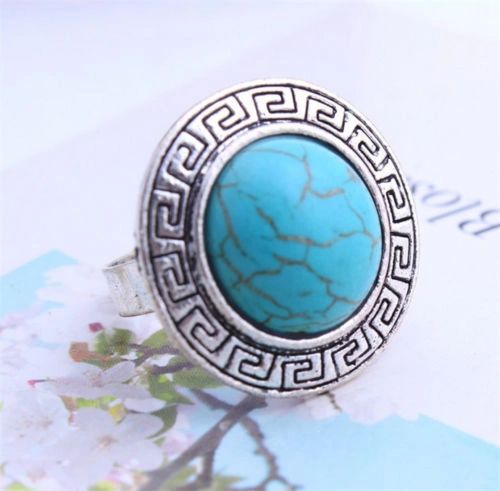Bright Imitation Turquoise Silver Plated Adjustable Ring