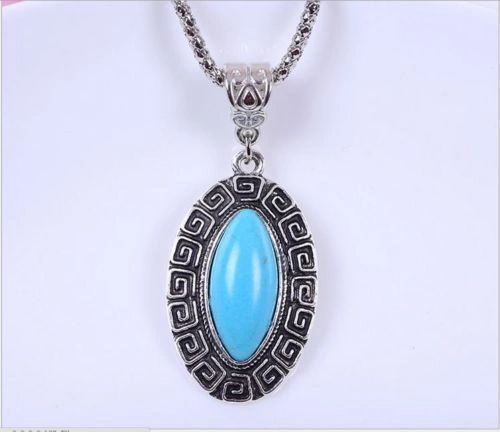 Elegant Imitation Turquoise Dangle Necklace: Silver Plated