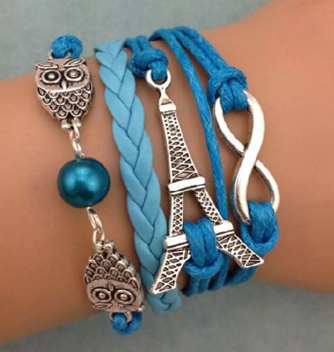Skyblue Infinity Tower Owl Imitation Pearl Corded & Leather Wrap Bracelet