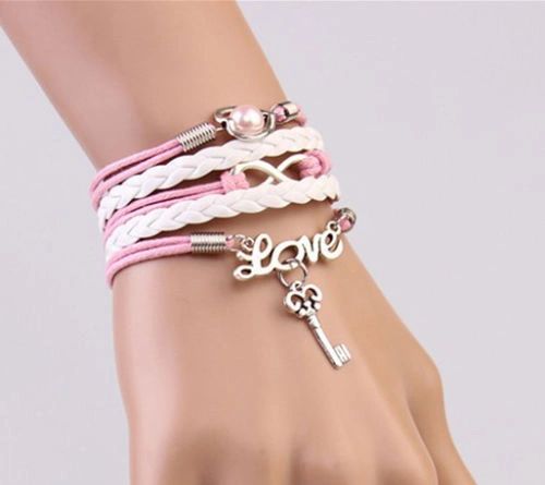 Infinity Love Corded & Pink Leather Wrap Bracelet