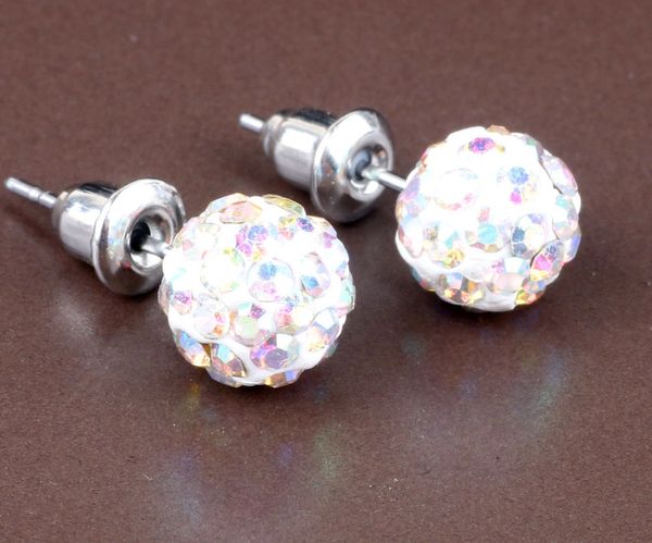 Pair of 10mm Bright White & Rainbow Colored CZ Disco Ball Stud Earrings