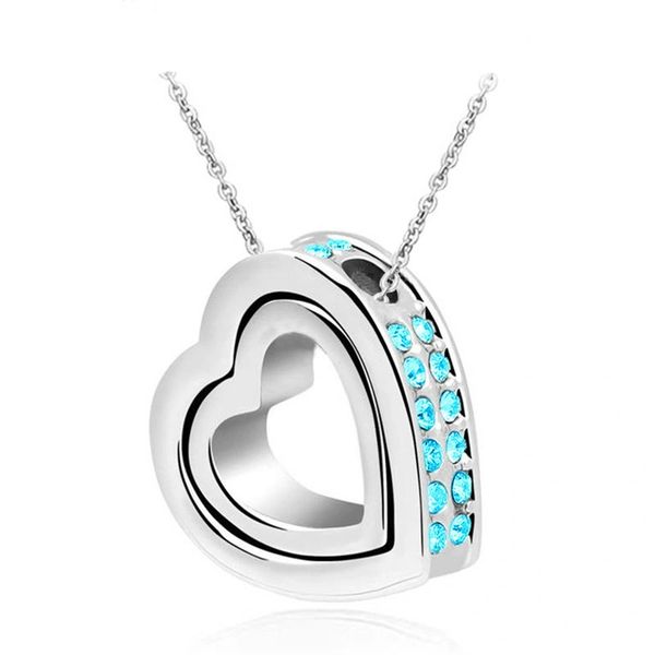 Sky Blue Rhinestones Silver Colored Love Heart Necklace