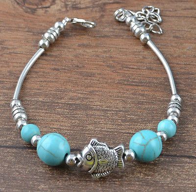 Retro Style Tibetan Imitation Turquoise Bracelet 7.5"