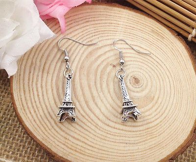 Cute Pair of Silver Colored Eiffel Tower Dangle Earrings (Pierced)