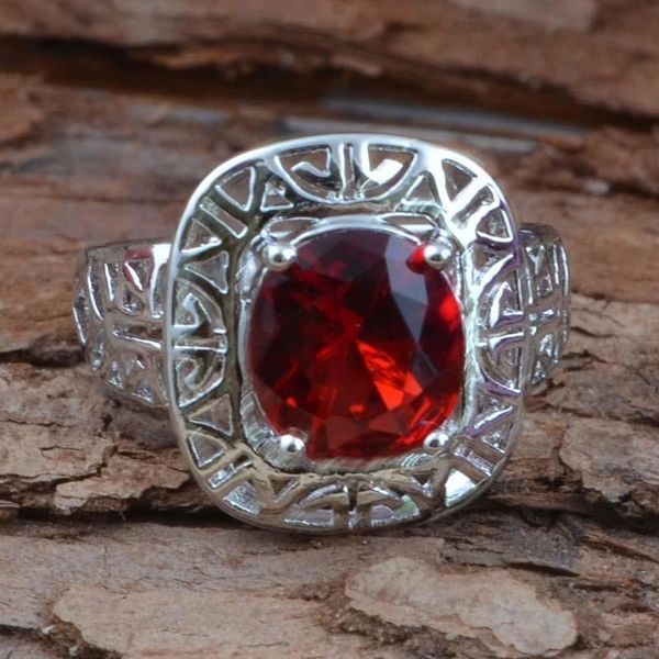 Bright Red Cubic Zirconia Silver Plated Ring Size 9