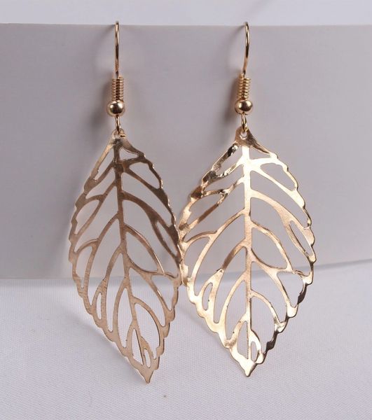 Pair of Golden Alloy Style Leaf Dangle Earrings