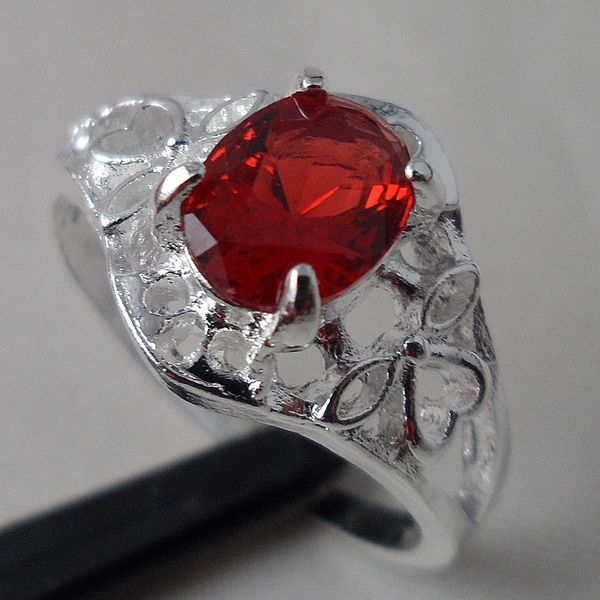 Bright Red Crystal Silver Plated Ring Size 8