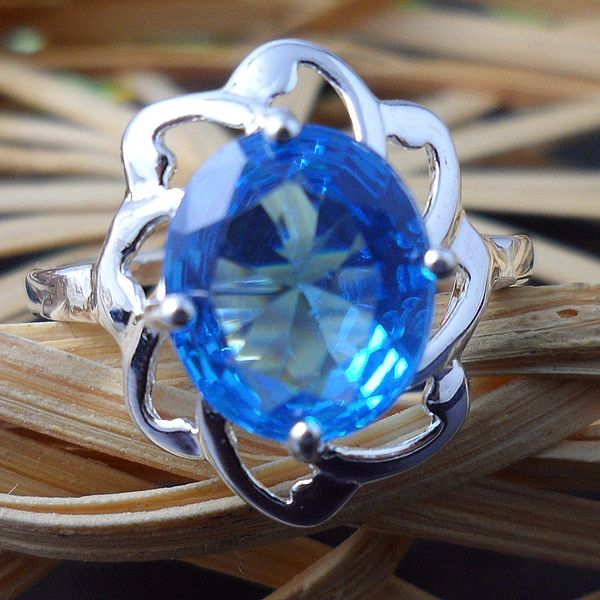 Bright Blue Cubic Zirconia Silver Plated Ring Size 7 or 9