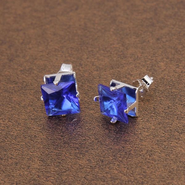8x8mm or 10x10mm Bright Blue Crystal Square Stud Silver Plated Earrings