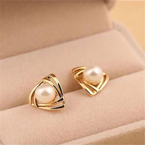 Yellow Gold Plated White Imitation Pearl Stud Earrings