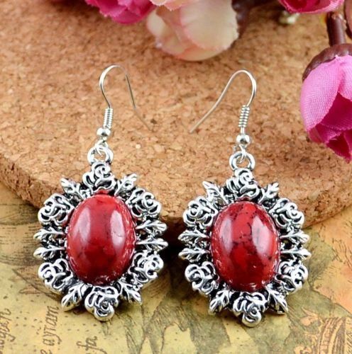 Pair of Elegant Imitation Red Turquoise Thai Silver Dangle Earrings