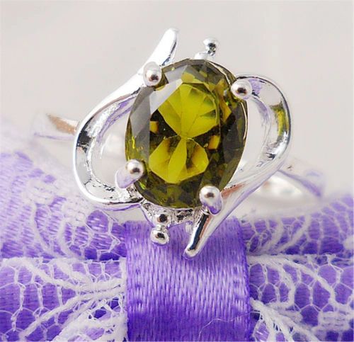 Bright Olive Green Crystal Silver Plated Ring Size 6