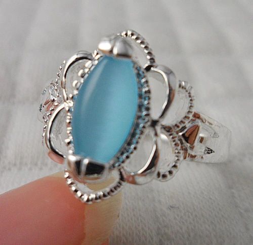 Powder Blue Imitation Opal Silver Plated Ring Size 6
