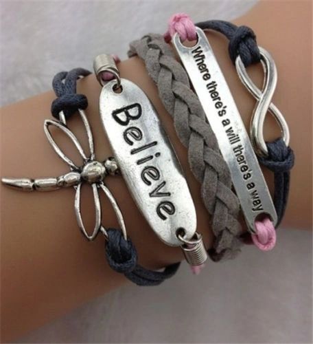 Infinity "Believe" Dragonfly Corded Wrap Bracelet