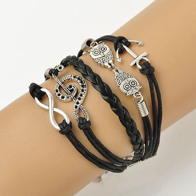 Infinity Owl and Music Note Corded Wrap Bracelet