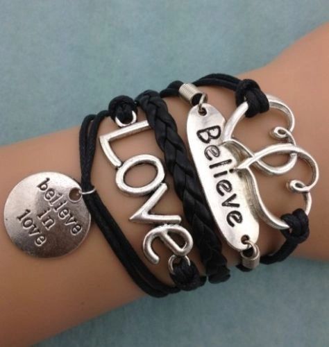 Infinity Love "Believe" Double Heart Corded Wrap Bracelet