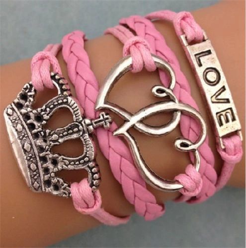 Infinity Love "Crown" & Double Heart Corded Wrap Bracelet