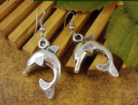 Cute Pair of Dolphin Dangle Earrings (Pierced)