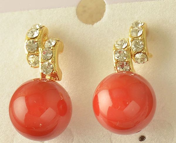 Korean Style Yellow Gold Plated Red Imitation Pearl Stud Earrings