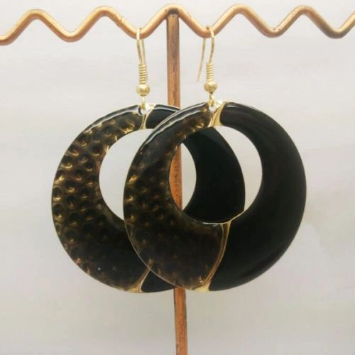 Pair of Bohemia Gold Plated Black Enamel Circle Dangle Earrings (Pierced)
