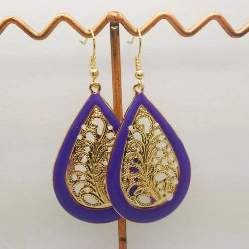 Pair of Bohemia Gold Plated Purple Enamel Drop Dangle Earrings (Pierced)