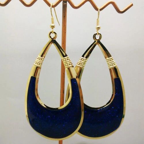 Pair of Large Bohemia Gold Plated Blue Enamel Drop Dangle Earrings (Pierced)