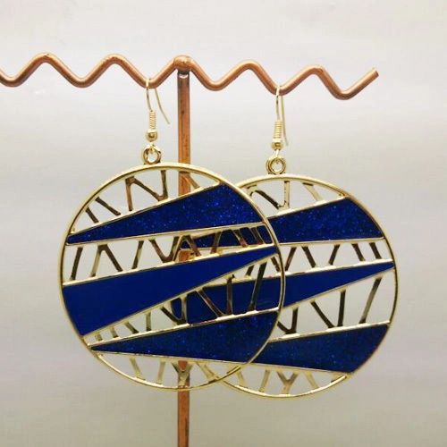 Pair of Large Bohemia Gold Plated Blue Enamel Round Dangle Earrings (Pierced)