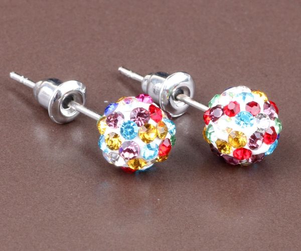 Pair of 10mm Bright White & Multi Colored CZ Disco Ball Stud Earrings