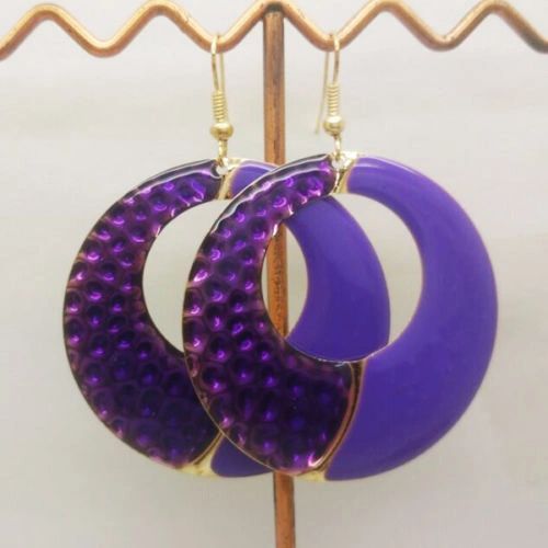 Pair of Bohemia Gold Plated Purple Enamel Round Dangle Earrings (Pierced)