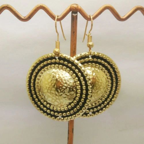 Pair of Bohemia Gold Plated Black Enamel Circle Dangle Earrings (Pierced)