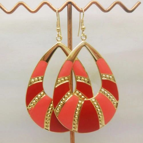 Pair of Bohemia Gold Plated Red Enamel Drop Dangle Earrings (Pierced)