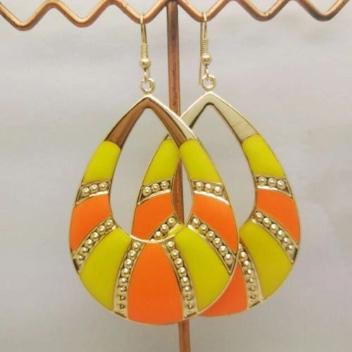 Pair of Bohemia Gold Plated Orange & Yellow Enamel Drop Dangle Earrings (Pierced)