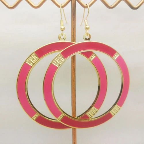 Pair of Bohemia Gold Plated Pink Enamel Big Circle Dangle Earrings (Pierced)