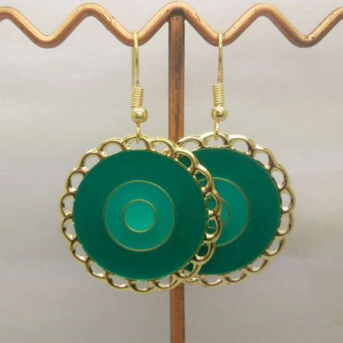 Pair of Bohemia Gold Plated Green Enamel Circle Dangle Earrings (Pierced)